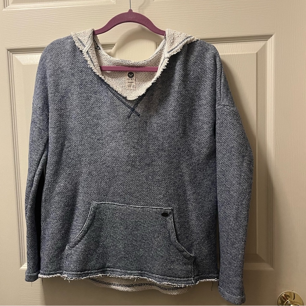 Roxy Women's Blue Hoodie Sz Medium. Y2K. Frayed Neck and Hemline